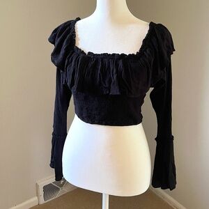 Kimchi Blue Long Sleeve Black Ruffle Crop Top, size S